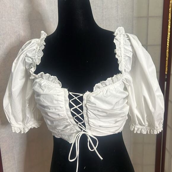 LOVE BELL CROP CORSET BIG SLEEVES‎ LACY BLOUSE SIZE L - Picture 1 of 4